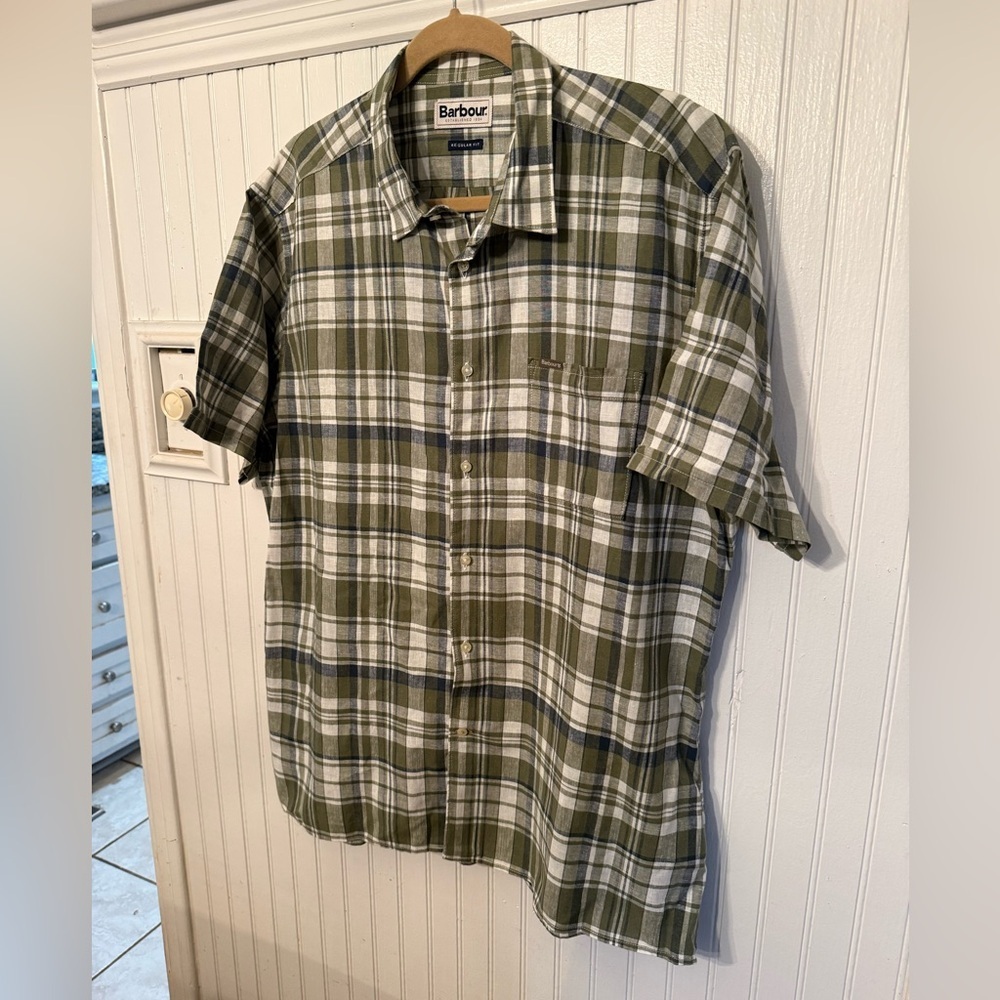 Barbour Nelson Linen Cotton Short Sleeve Plaid Medium Button up